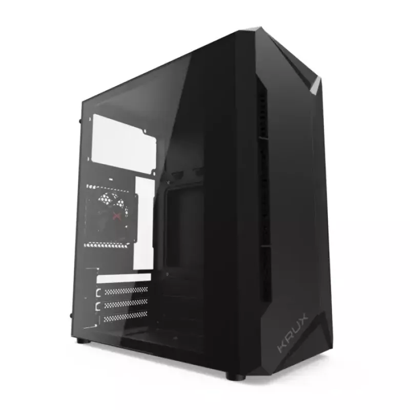PC korpuss KRUX Astro Cube Melns — kuba korpuss, atbalsta micro ATX/mini-ITX, 1×3,5 collu + 2×2,5 collu nodalījumi, sānu logs, maks. barošanas bloks 28 cm, maks. dzesētāja augstums 136 mm