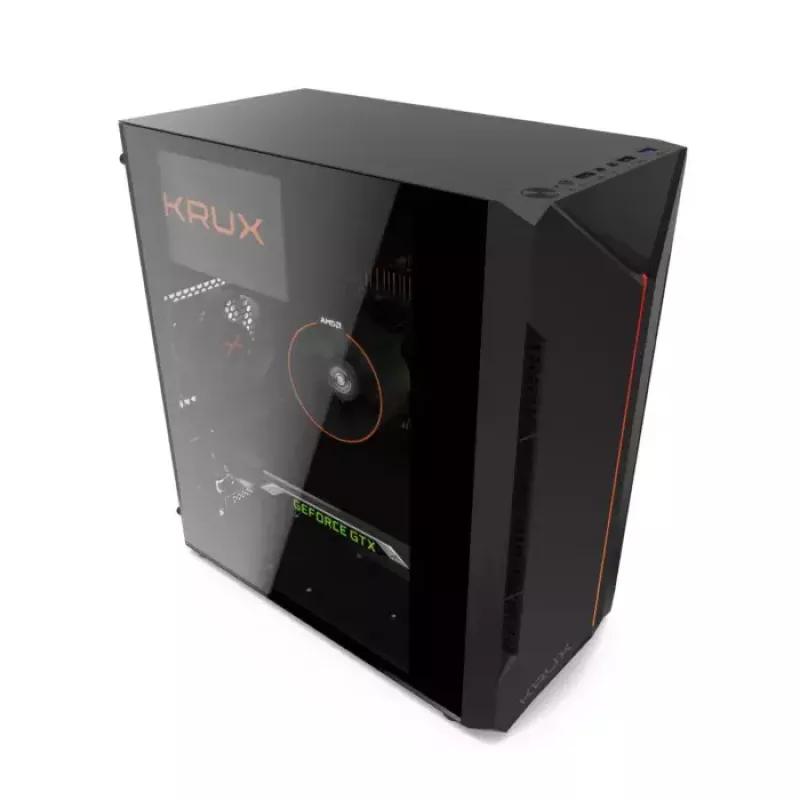 PC korpuss KRUX Astro Cube Melns — kuba korpuss, atbalsta micro ATX/mini-ITX, 1×3,5 collu + 2×2,5 collu nodalījumi, sānu logs, maks. barošanas bloks 28 cm, maks. dzesētāja augstums 136 mm