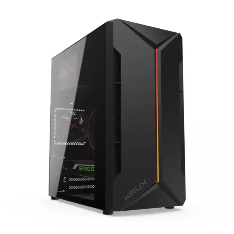 PC korpuss KRUX Astro Cube Melns — kuba korpuss, atbalsta micro ATX/mini-ITX, 1×3,5 collu + 2×2,5 collu nodalījumi, sānu logs, maks. barošanas bloks 28 cm, maks. dzesētāja augstums 136 mm