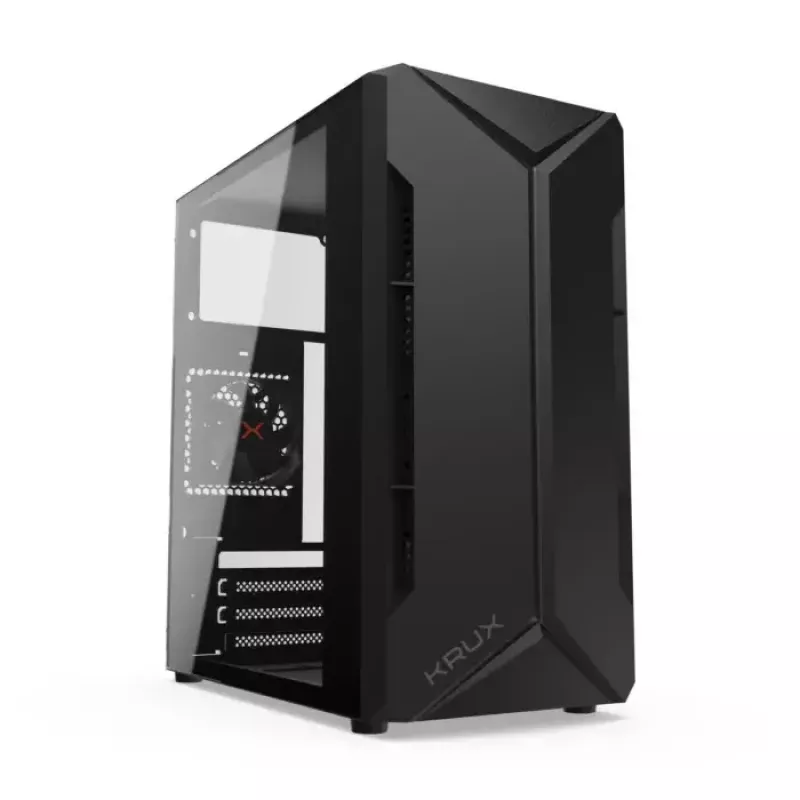 PC korpuss KRUX Astro Cube Melns — kuba korpuss, atbalsta micro ATX/mini-ITX, 1×3,5 collu + 2×2,5 collu nodalījumi, sānu logs, maks. barošanas bloks 28 cm, maks. dzesētāja augstums 136 mm