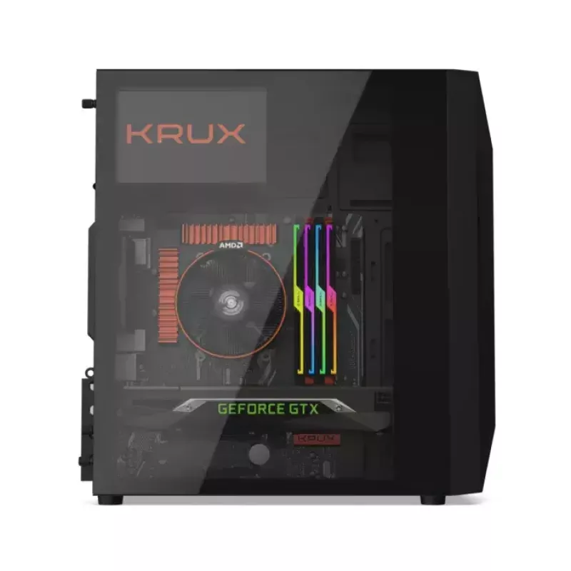 PC korpuss KRUX Astro Cube Melns — kuba korpuss, atbalsta micro ATX/mini-ITX, 1×3,5 collu + 2×2,5 collu nodalījumi, sānu logs, maks. barošanas bloks 28 cm, maks. dzesētāja augstums 136 mm