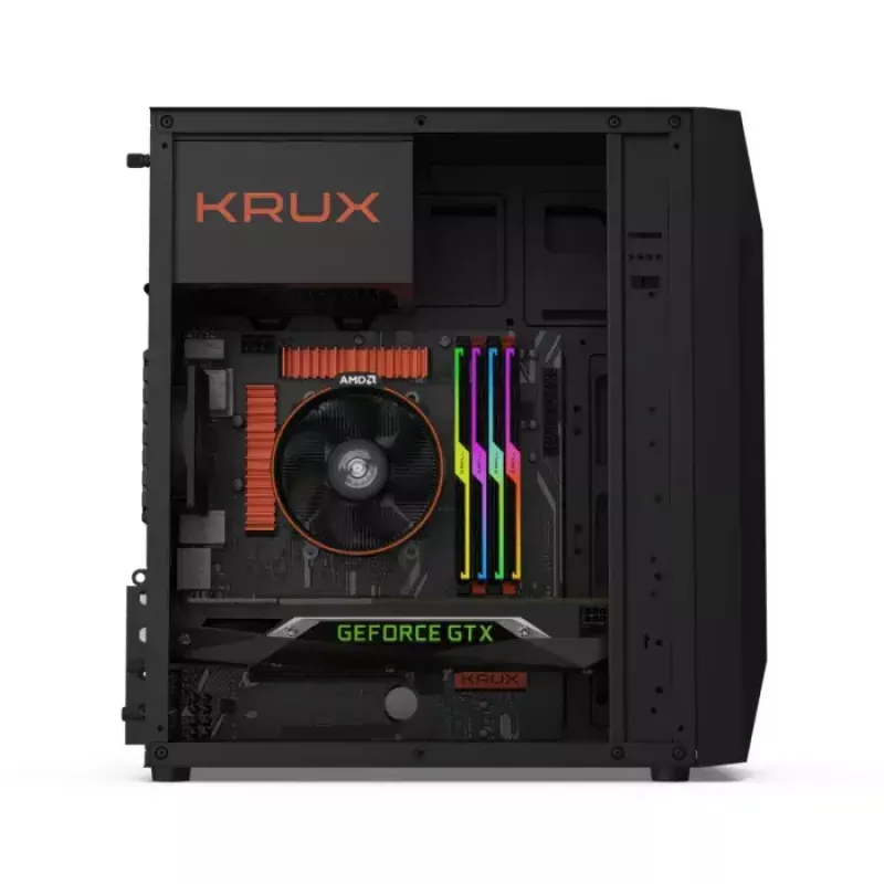 PC korpuss KRUX Astro Cube Melns — kuba korpuss, atbalsta micro ATX/mini-ITX, 1×3,5 collu + 2×2,5 collu nodalījumi, sānu logs, maks. barošanas bloks 28 cm, maks. dzesētāja augstums 136 mm