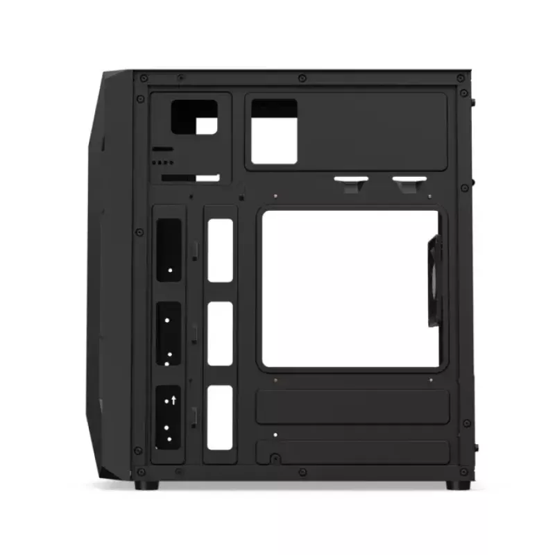 PC korpuss KRUX Astro Cube Melns — kuba korpuss, atbalsta micro ATX/mini-ITX, 1×3,5 collu + 2×2,5 collu nodalījumi, sānu logs, maks. barošanas bloks 28 cm, maks. dzesētāja augstums 136 mm