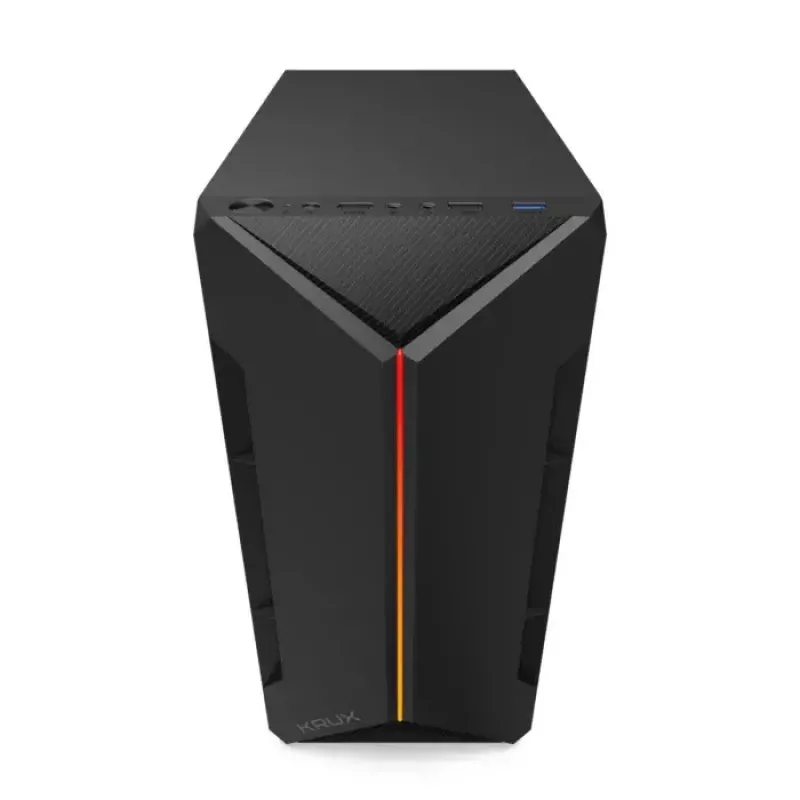 PC korpuss KRUX Astro Cube Melns — kuba korpuss, atbalsta micro ATX/mini-ITX, 1×3,5 collu + 2×2,5 collu nodalījumi, sānu logs, maks. barošanas bloks 28 cm, maks. dzesētāja augstums 136 mm