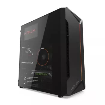 PC korpuss KRUX Astro Cube Melns — kuba korpuss, atbalsta micro ATX/mini-ITX, 1×3,5 collu + 2×2,5 collu nodalījumi, sānu logs, maks. barošanas bloks 28 cm, maks. dzesētāja augstums 136 mm