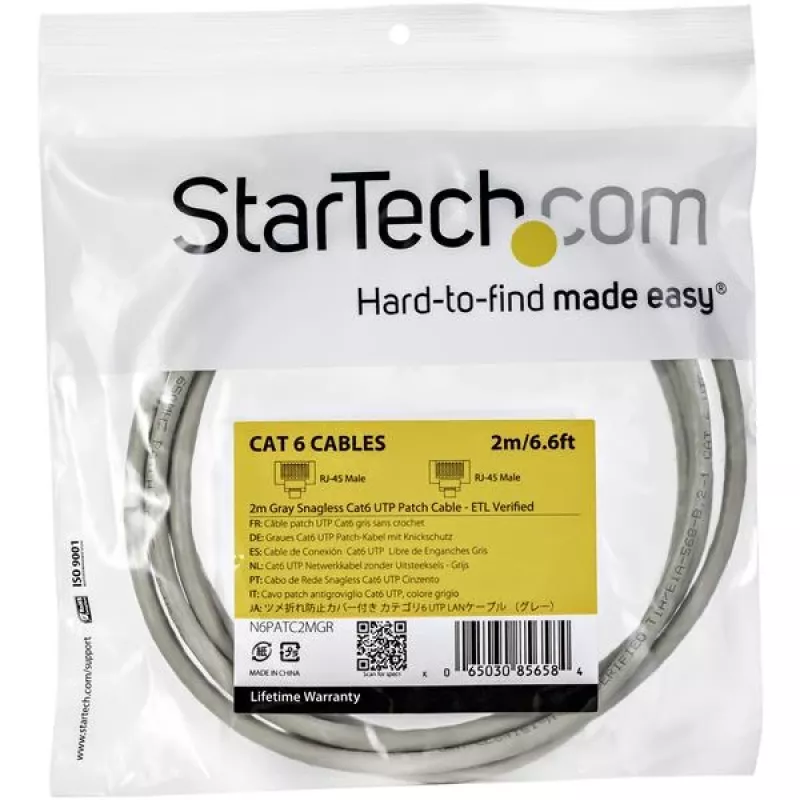 StarTech.com 2m CAT6 Ethernet kabelis - pelēks CAT 6 Gigabit Ethernet vads -250MHz 100W PoE RJ45 UTP tīkla/savienojuma vads bez aizķeršanās ar stresa samazināšanu individuāli testēts