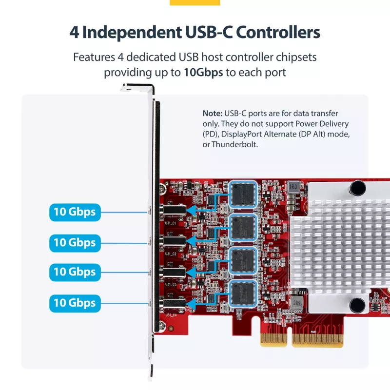 StarTech.com 4 portu USB Type-C PCIe karte, USB 3.2 10 Gbps, USB-C PCI Express paplašināšanas karte, 4 neatkarīgi USB kontrolleri, Windows/Linux/macOS, TAA atbilstoša