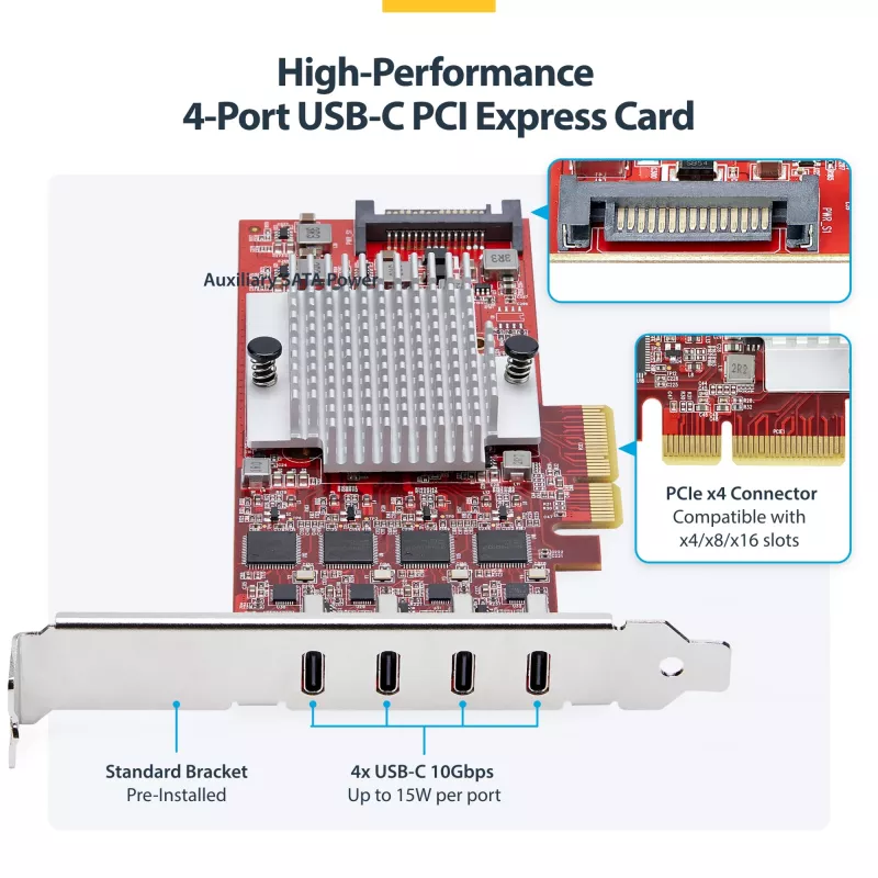 StarTech.com 4 portu USB Type-C PCIe karte, USB 3.2 10 Gbps, USB-C PCI Express paplašināšanas karte, 4 neatkarīgi USB kontrolleri, Windows/Linux/macOS, TAA atbilstoša