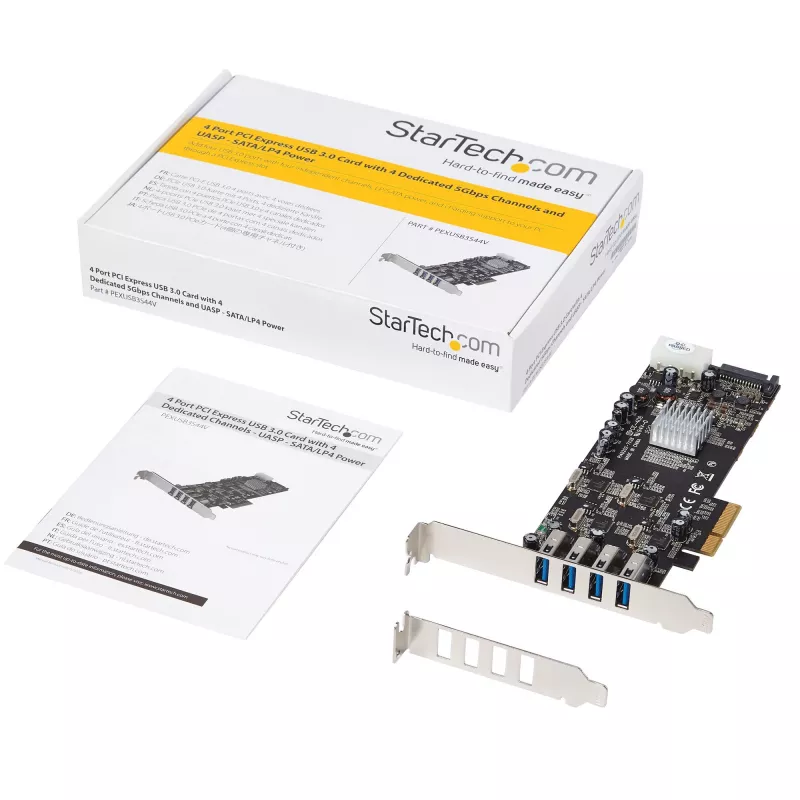 StarTech.com 4 portu USB 3.0 PCIe karte ar 4 speciāliem 5 Gbps kanāliem (USB 3.1 Gen 1) – UASP – SATA / LP4 barošana – PCI Express adaptera karte