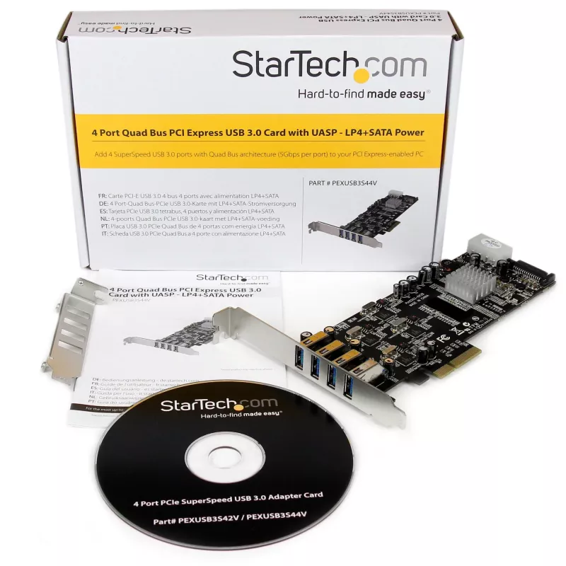 StarTech.com 4 portu USB 3.0 PCIe karte ar 4 speciāliem 5 Gbps kanāliem (USB 3.1 Gen 1) – UASP – SATA / LP4 barošana – PCI Express adaptera karte