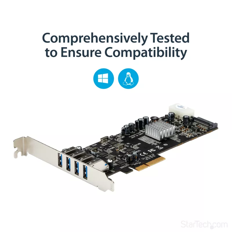 StarTech.com 4 portu USB 3.0 PCIe karte ar 4 speciāliem 5 Gbps kanāliem (USB 3.1 Gen 1) – UASP – SATA / LP4 barošana – PCI Express adaptera karte