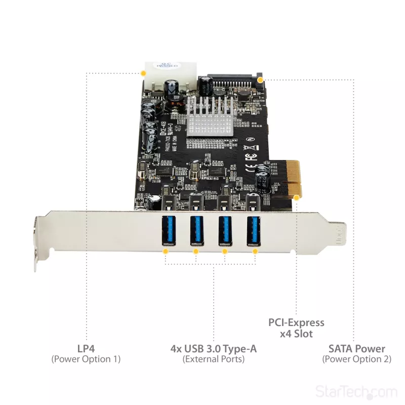 StarTech.com 4 portu USB 3.0 PCIe karte ar 4 speciāliem 5 Gbps kanāliem (USB 3.1 Gen 1) – UASP – SATA / LP4 barošana – PCI Express adaptera karte