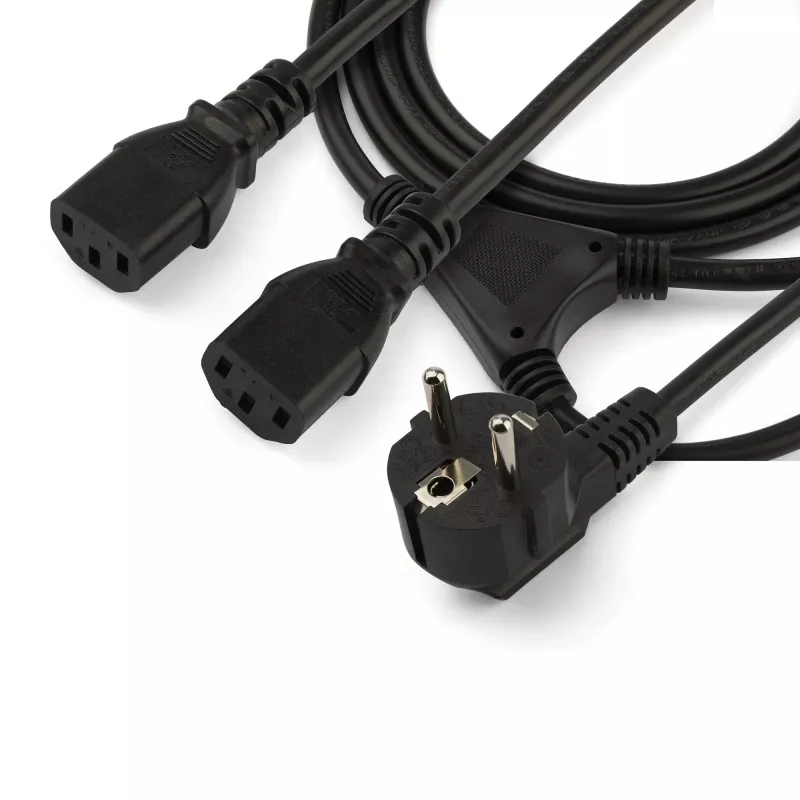 StarTech.com 2 m (6 pēdas) datora strāvas Y vads, 18AWG, EU Schuko līdz 2x C13, 10A 250V, melns rezerves maiņstrāvas vads, printera strāvas vads, datora barošanas avota kabelis, monitora strāvas kabelis — UL sarakstā