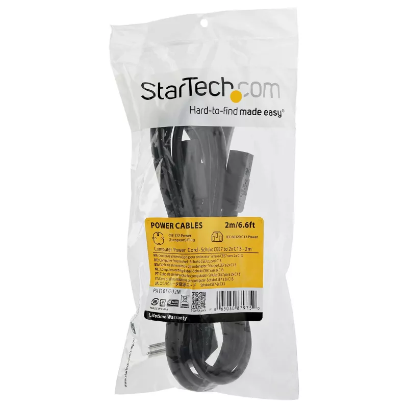StarTech.com 2 m (6 pēdas) datora strāvas Y vads, 18AWG, EU Schuko līdz 2x C13, 10A 250V, melns rezerves maiņstrāvas vads, printera strāvas vads, datora barošanas avota kabelis, monitora strāvas kabelis — UL sarakstā
