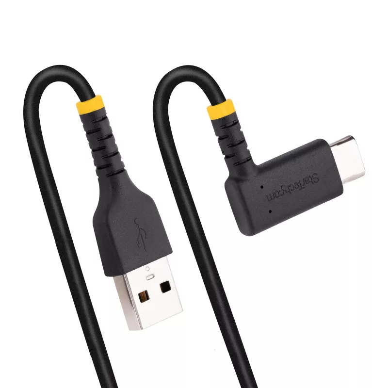 StarTech.com 1 m USB A–C uzlādes kabelis ar taisnu leņķi – izturīgs ātrās uzlādes USB-C kabelis – melns USB 2.0 A–Type-C – pastiprināts ar aramīda šķiedru – 3 A – USB uzlādes vads