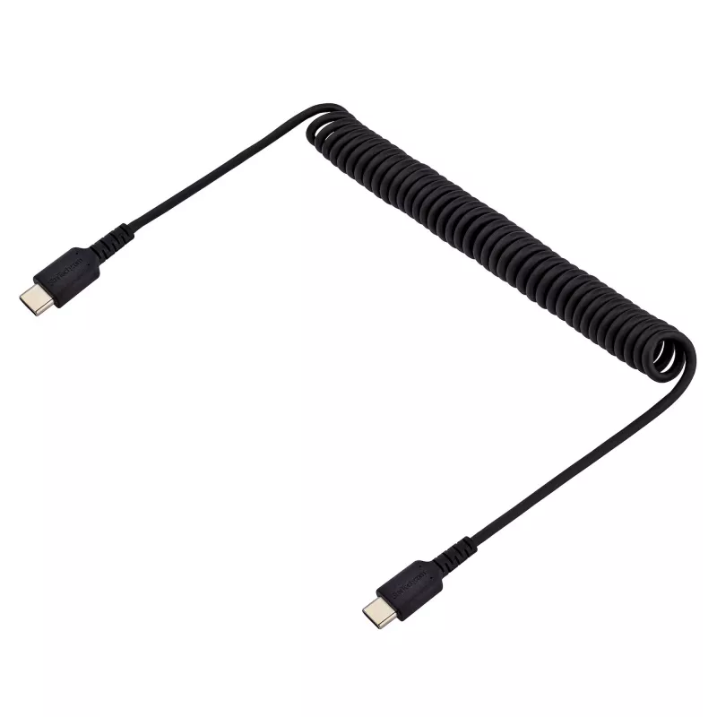 StarTech.com 3 pēdu (1 m) USB C uzlādes kabelis, saritināts lielas slodzes ātrās uzlādes un sinhronizācijas USB-C kabelis, USB 2.0 Type-C kabelis, izturīgs aramīda šķiedras, izturīgs vīrišķais-vīrišķais USB kabelis, melns