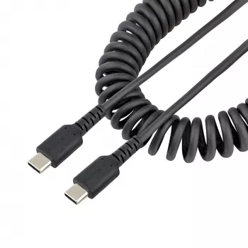 StarTech.com 20in (50cm) USB C uzlādes kabelis, spirālveida lieljaudas ātrā uzlāde un sinhronizācija USB-C kabelis, USB 2.0 Type-C kabelis, izturīga aramīda šķiedra, izturīgs vīrieša-vīrieša USB kabelis, melns