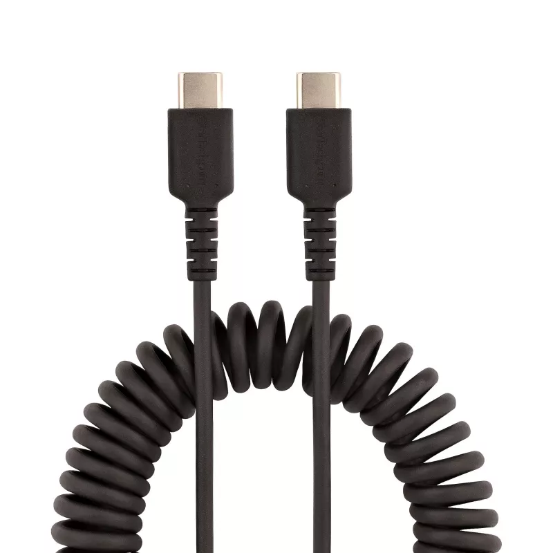 StarTech.com 20in (50cm) USB C uzlādes kabelis, spirālveida lieljaudas ātrā uzlāde un sinhronizācija USB-C kabelis, USB 2.0 Type-C kabelis, izturīga aramīda šķiedra, izturīgs vīrieša-vīrieša USB kabelis, melns