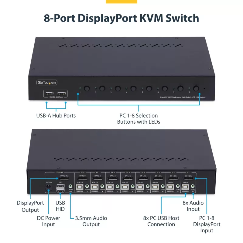 StarTech.com 8-portu DisplayPort KVM slēdzis ar 1U statīva montāžas komplektu, 4K 60Hz DP 1.2, pārslēgšana ar spiedpogām un karstajiem taustiņiem, 4-portu USB centrmezgls, neatkarīgs no operētājsistēmas, atbilst TAA