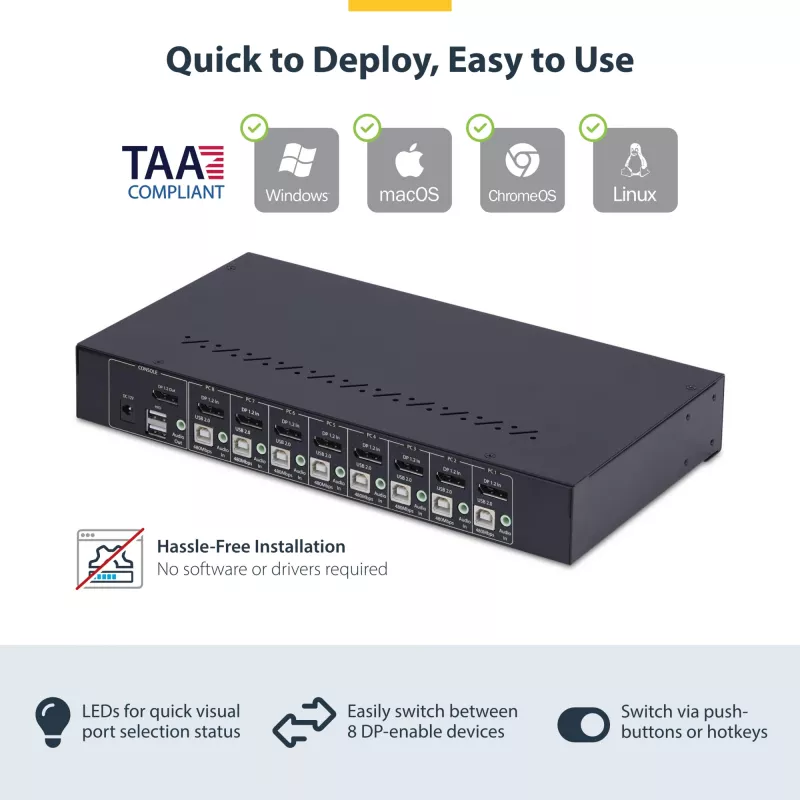 StarTech.com 8-portu DisplayPort KVM slēdzis ar 1U statīva montāžas komplektu, 4K 60Hz DP 1.2, pārslēgšana ar spiedpogām un karstajiem taustiņiem, 4-portu USB centrmezgls, neatkarīgs no operētājsistēmas, atbilst TAA