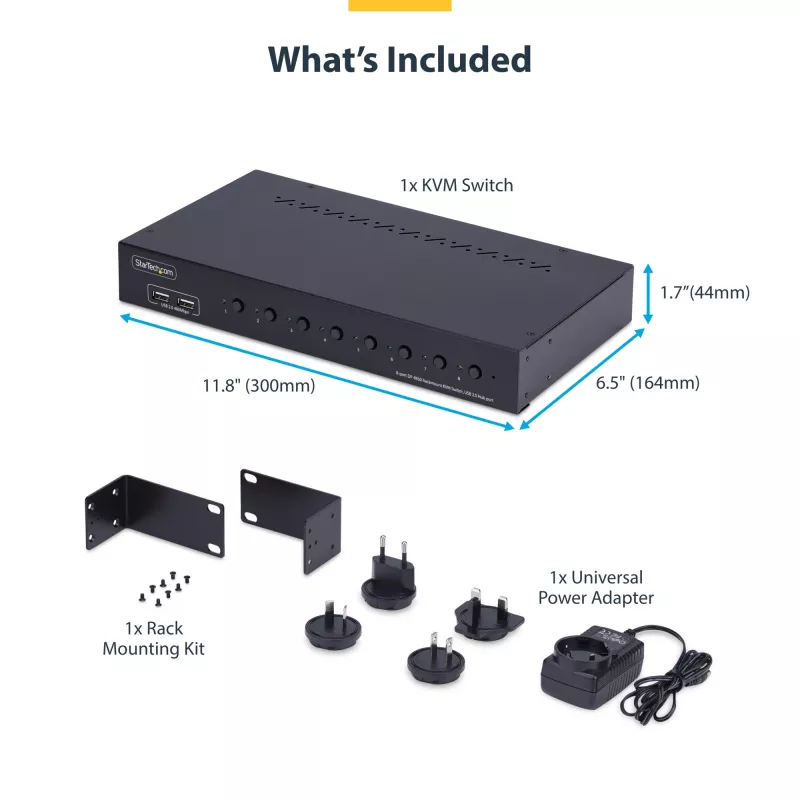 StarTech.com 8-portu DisplayPort KVM slēdzis ar 1U statīva montāžas komplektu, 4K 60Hz DP 1.2, pārslēgšana ar spiedpogām un karstajiem taustiņiem, 4-portu USB centrmezgls, neatkarīgs no operētājsistēmas, atbilst TAA