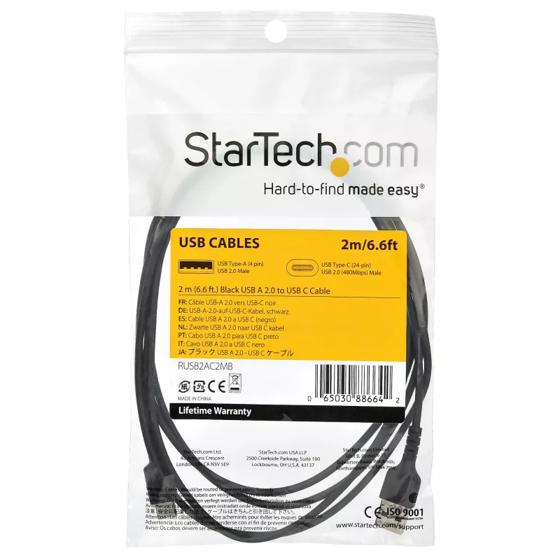 StarTech.com 2m USB-A uz USB-C uzlādes kabelis - Izturīgs ātrās uzlādes un sinhronizācijas USB 2.0 uz USB Type-C datu vads - Pastiprināts TPE apvalks ar aramīda šķiedru M/M 3A Melns - Samsung S10, iPad Pro, Pixel