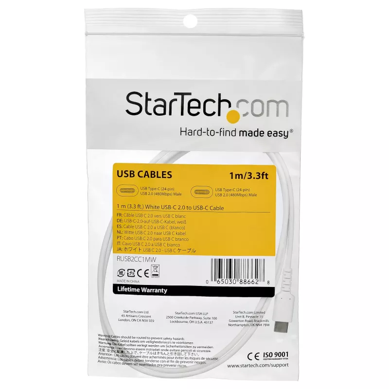 StarTech.com 1m USB C uzlādes kabelis - izturīgs ātrās uzlādes un sinhronizācijas USB 2.0 C tipa uz USB C klēpjdatora lādētāja vads - TPE apvalks aramīda šķiedra M/M 60W balts - Samsung S10 S20 iPad Pro MS Surface