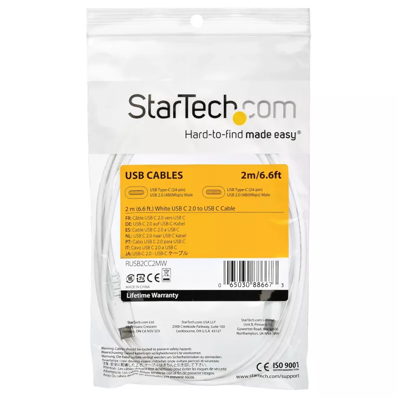 StarTech.com 2m USB C uzlādes kabelis - izturīgs ātrās uzlādes un sinhronizācijas USB 2.0 C tipa uz C tipa klēpjdatora lādētāja vads - TPE apvalks, aramīda šķiedra, vīr./vīr., 60 W, balts - Samsung S10 S20 iPad Pro MS Surface