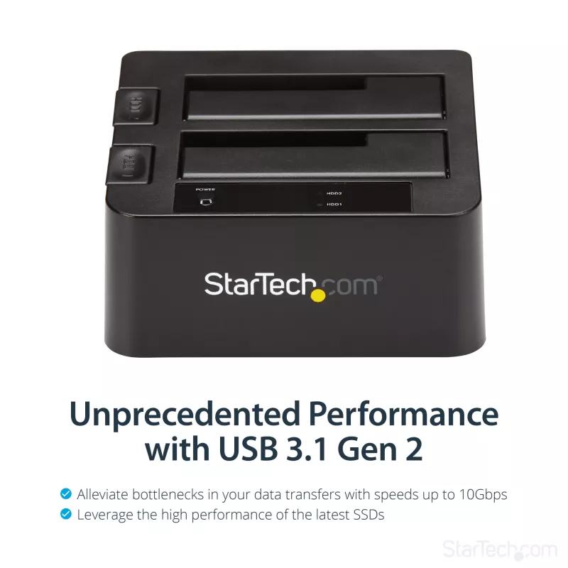 StarTech.com Dual-Bay USB 3.2 Gen 2 to SATA Hard Drive Docking Station, USB 10Gbps Hard Drive Dock, External 2.5/3.5 inch SATA I/II/III SSD/HDD Docking Station, Hot-Swap Hard Drive Bay, Top-Loading