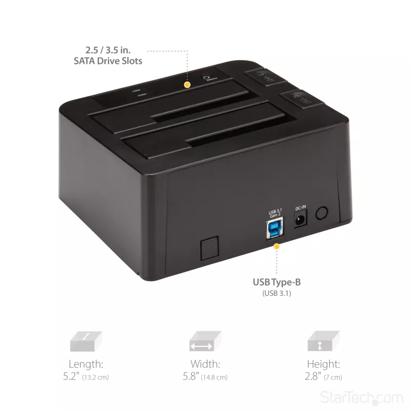 StarTech.com Dual-Bay USB 3.2 Gen 2 to SATA Hard Drive Docking Station, USB 10Gbps Hard Drive Dock, External 2.5/3.5 inch SATA I/II/III SSD/HDD Docking Station, Hot-Swap Hard Drive Bay, Top-Loading