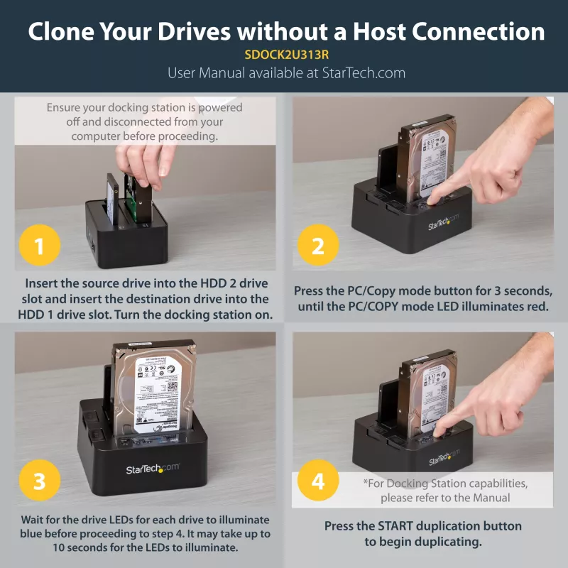 StarTech.com Standalone Hard Drive Duplicator, Dual Bay HDD/SSD Cloner/Copier, USB 3.1 (10Gbps) to SATA III HDD/SSD Docking Station, Hard Disk Duplicator Dock, Hard Drive Cloner