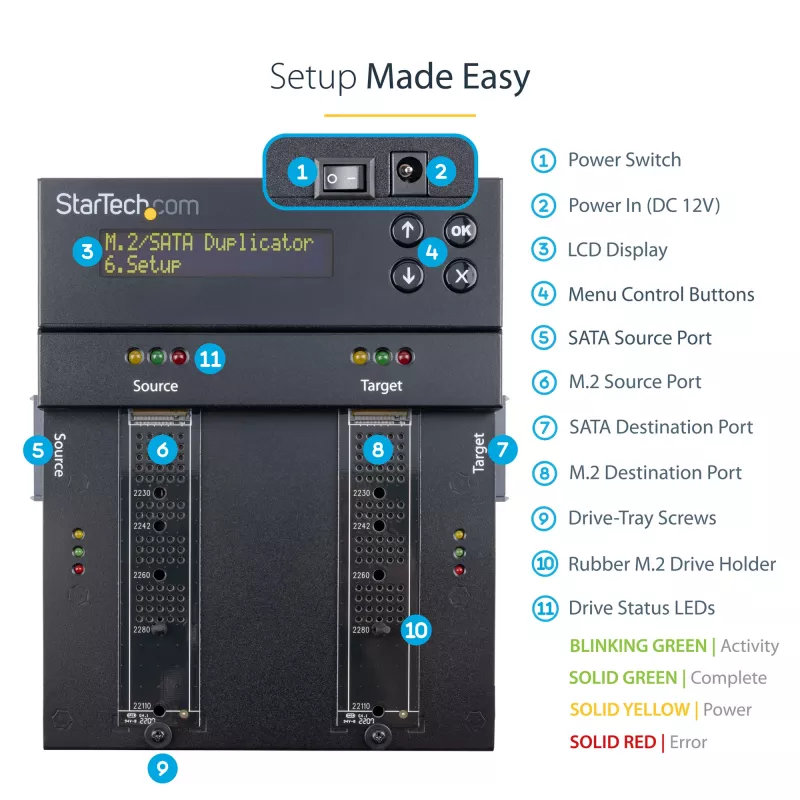 StarTech.com Standalone M.2 SATA & M.2 NVMe Duplicator and Eraser - HDD/SSD Cloner/Wiper for M.2 PCIe AHCI/NVMe, M.2 SATA, 2.5/3.5 inch SATA Drives - External Hard Drive Eraser/Duplicator, TAA