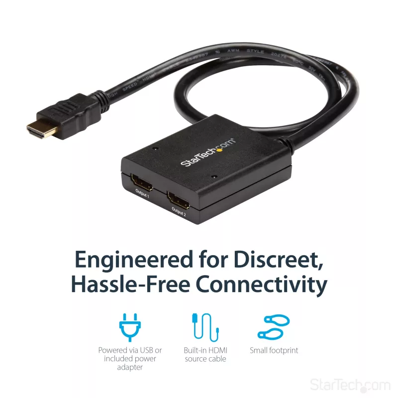 StarTech.com 4K HDMI 2 portu video sadalītājs - 1x2 HDMI sadalītājs - barošana caur USB vai barošanas adapteri - 4K 30Hz