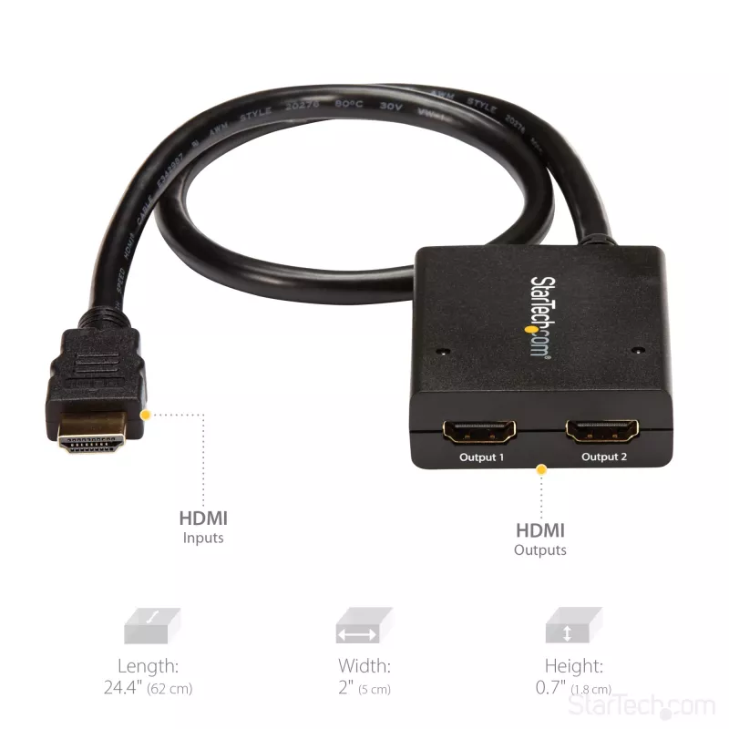 StarTech.com 4K HDMI 2 portu video sadalītājs - 1x2 HDMI sadalītājs - barošana caur USB vai barošanas adapteri - 4K 30Hz