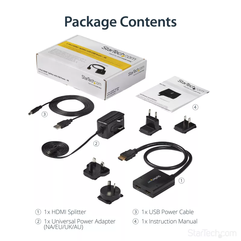 StarTech.com 4K HDMI 2 portu video sadalītājs - 1x2 HDMI sadalītājs - barošana caur USB vai barošanas adapteri - 4K 30Hz