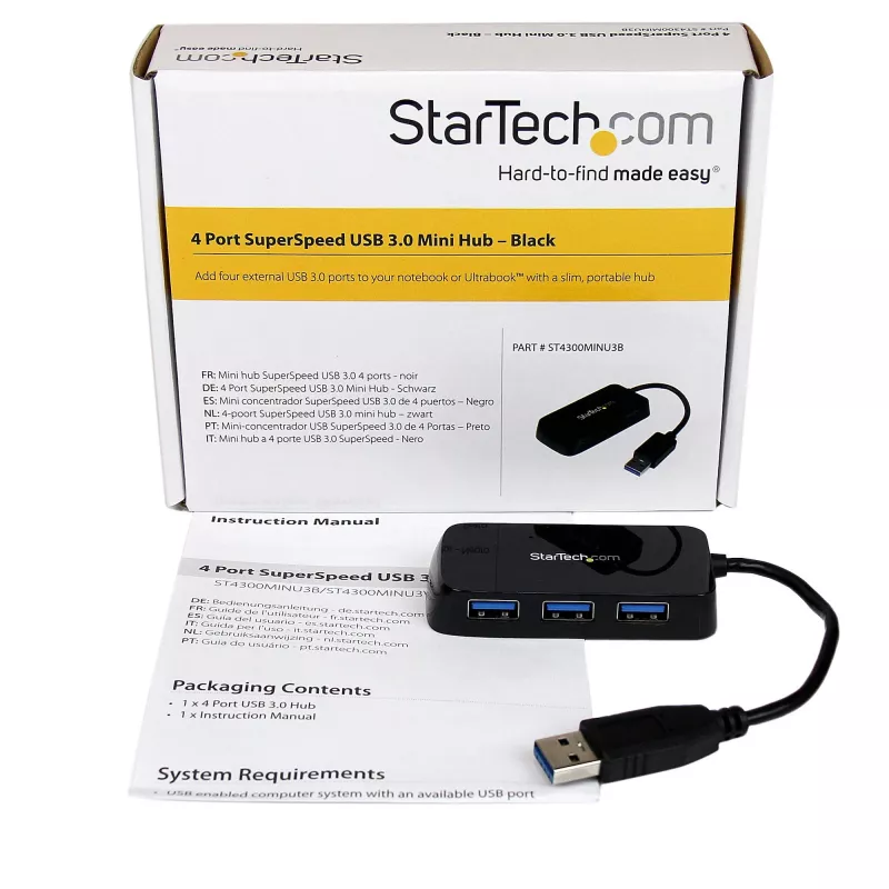 StarTech.com Portable 4 Port SuperSpeed Mini USB 3.0 Hub - Melns~Pārnēsājams 4 portu SuperSpeed Mini USB 3.0 centrmezgls - 5Gbps - Melns