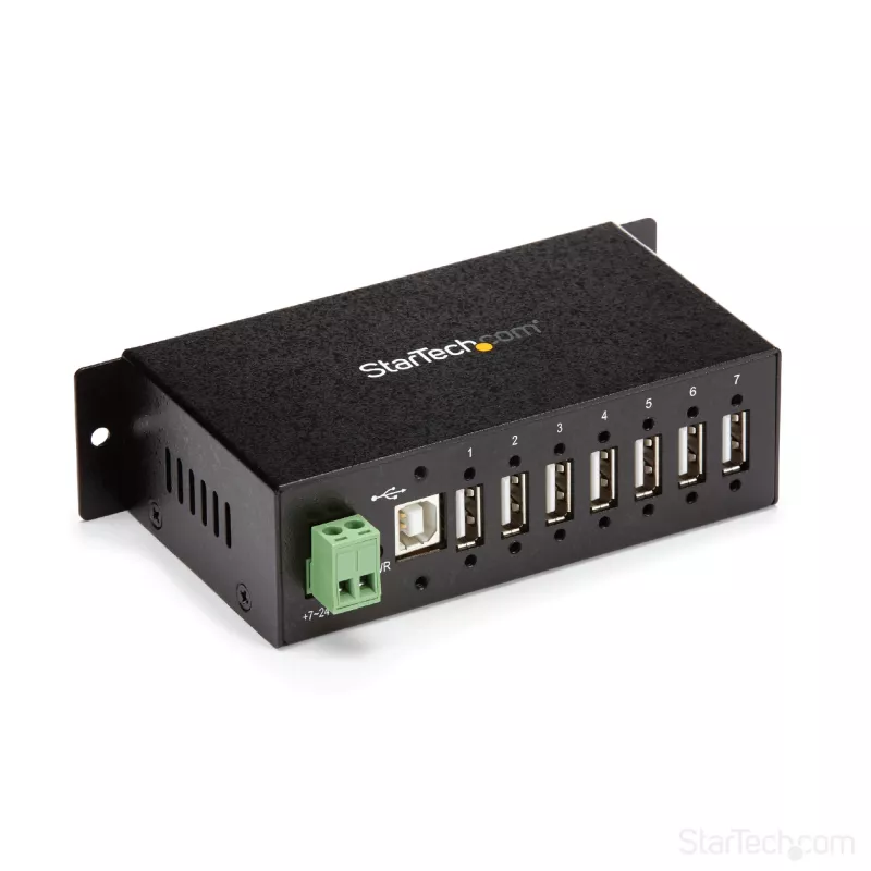StarTech.com 7 portu USB 2.0 centrmezgls – metāla industriāls USB-A centrmezgls ar ESD aizsardzību un 350 W pārsprieguma aizsardzību – DIN sliedes, sienas vai galda montāžai – TAA atbilstošs USB paplašinātājs