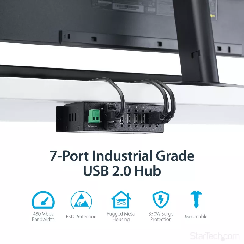 StarTech.com 7 portu USB 2.0 centrmezgls – metāla industriāls USB-A centrmezgls ar ESD aizsardzību un 350 W pārsprieguma aizsardzību – DIN sliedes, sienas vai galda montāžai – TAA atbilstošs USB paplašinātājs