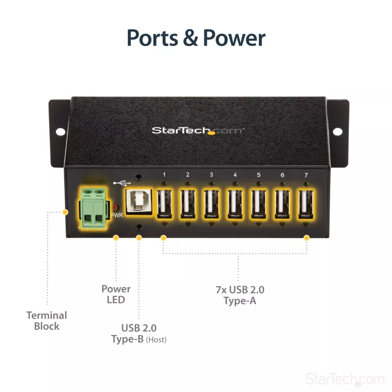StarTech.com 7 portu USB 2.0 centrmezgls – metāla industriāls USB-A centrmezgls ar ESD aizsardzību un 350 W pārsprieguma aizsardzību – DIN sliedes, sienas vai galda montāžai – TAA atbilstošs USB paplašinātājs