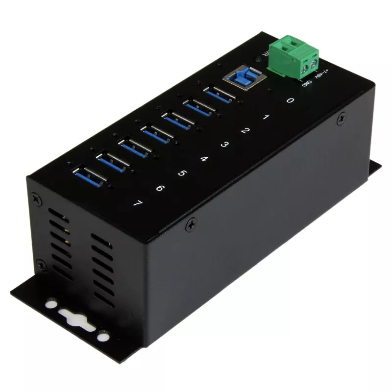 StarTech.com 7 portu rūpnieciskais USB 3.0 centrmezgls ar ESD aizsardzību~7 portu USB 3.0 centrmezgls (5 Gbps) - metāla rūpnieciskais USB-A centrmezgls ar ESD aizsardzību un 350 W pārsprieguma aizsardzību - DIN sliedes, sienas vai galda stiprinājums - TAA atbilstošs USB paplašinātājs