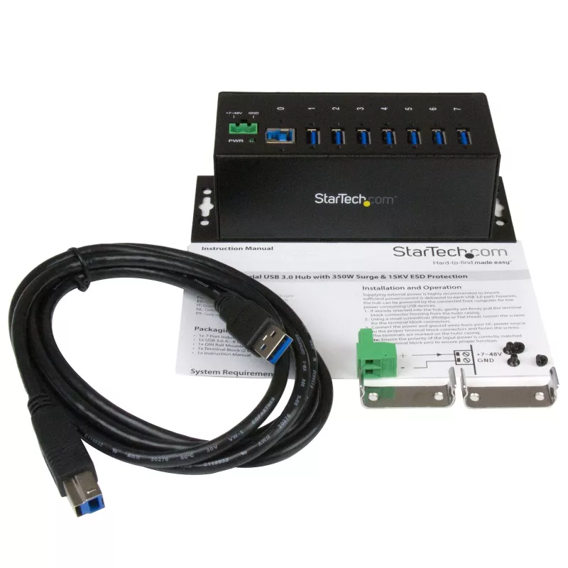 StarTech.com 7 portu rūpnieciskais USB 3.0 centrmezgls ar ESD aizsardzību~7 portu USB 3.0 centrmezgls (5 Gbps) - metāla rūpnieciskais USB-A centrmezgls ar ESD aizsardzību un 350 W pārsprieguma aizsardzību - DIN sliedes, sienas vai galda stiprinājums - TAA atbilstošs USB paplašinātājs