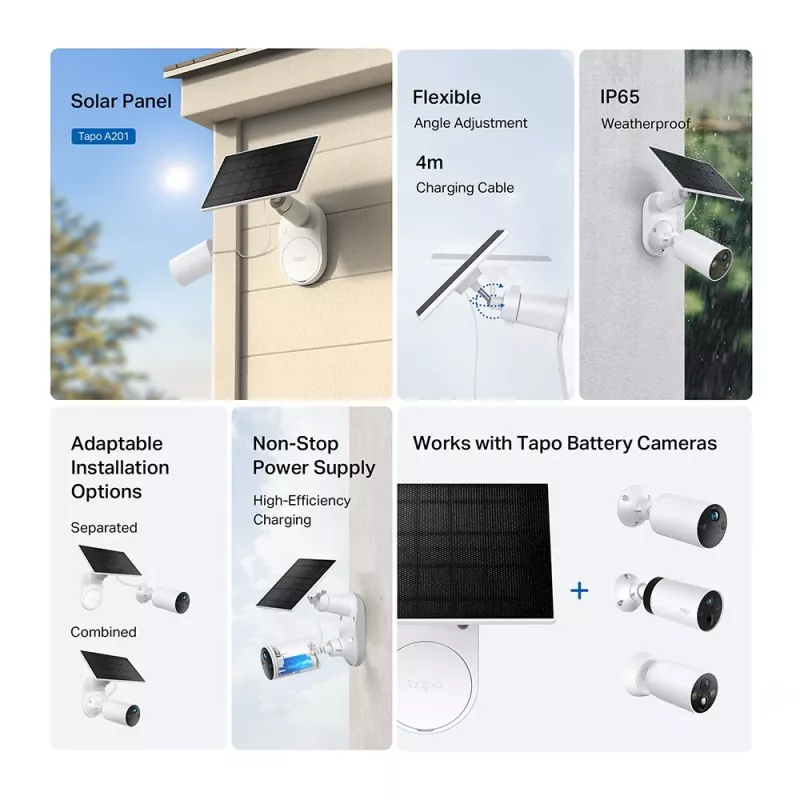 TP-Link Tapo saules panelis SPEC: 5.2V 2.5W FEATURE: Type-C uzlādes ports, Nepārtraukta jauda, Elastīga saules paneļa uzstādīšana, Darbojas ar akumulatora kameru, 4m uzlādes kabelis (kopā), Laikapstākļu izturīgs (IP65)