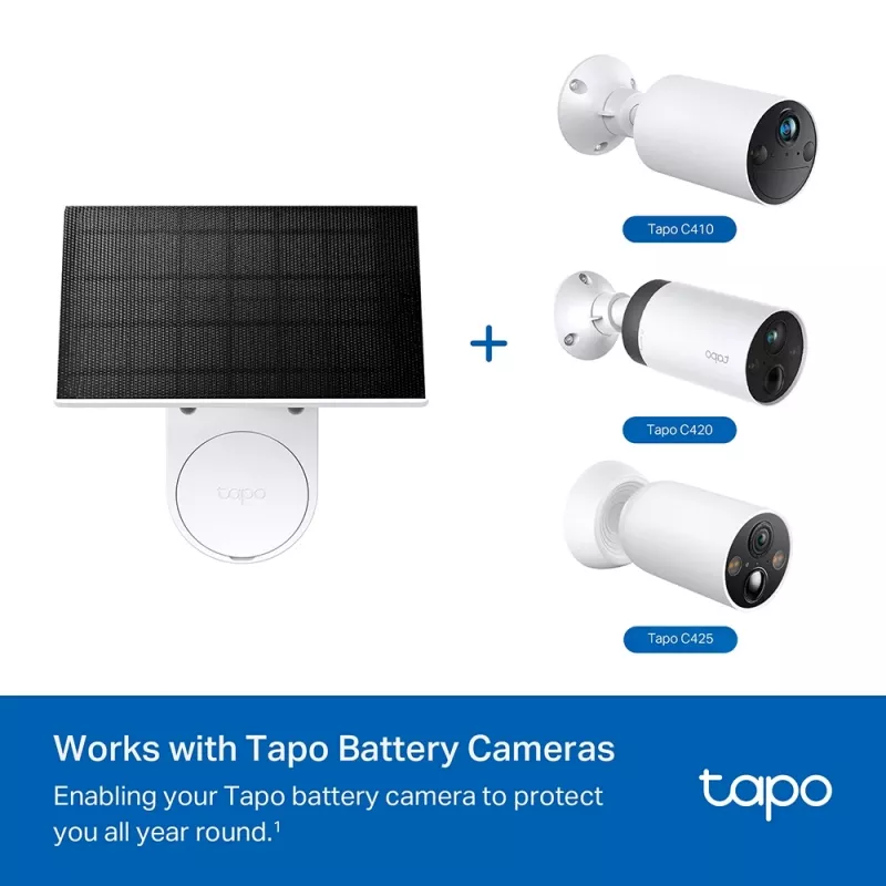 TP-Link Tapo saules panelis SPEC: 5.2V 2.5W FEATURE: Type-C uzlādes ports, Nepārtraukta jauda, Elastīga saules paneļa uzstādīšana, Darbojas ar akumulatora kameru, 4m uzlādes kabelis (kopā), Laikapstākļu izturīgs (IP65)