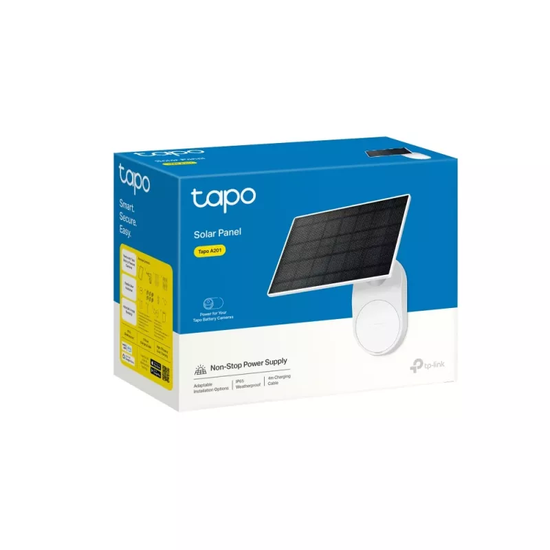 TP-Link Tapo saules panelis SPEC: 5.2V 2.5W FEATURE: Type-C uzlādes ports, Nepārtraukta jauda, Elastīga saules paneļa uzstādīšana, Darbojas ar akumulatora kameru, 4m uzlādes kabelis (kopā), Laikapstākļu izturīgs (IP65)