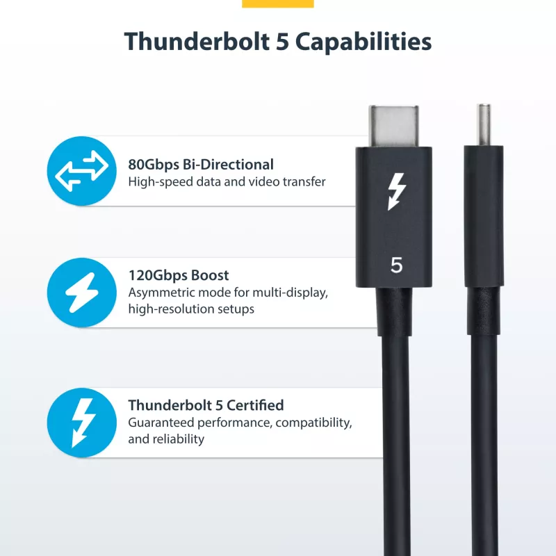 StarTech.com 3ft (1m) Thunderbolt 5 kabelis, 80Gbps/Līdz 120Gbps, 240W PD, 8K 60Hz, sertificēts Thunderbolt kabelis – saderīgs ar Thunderbolt 4/USB4/USB-C