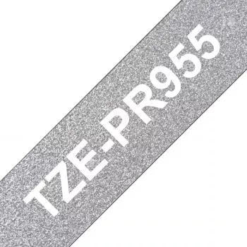 Brother TZE-PR955 lentes uzlīmju lente Balta uz sudrabota fona
