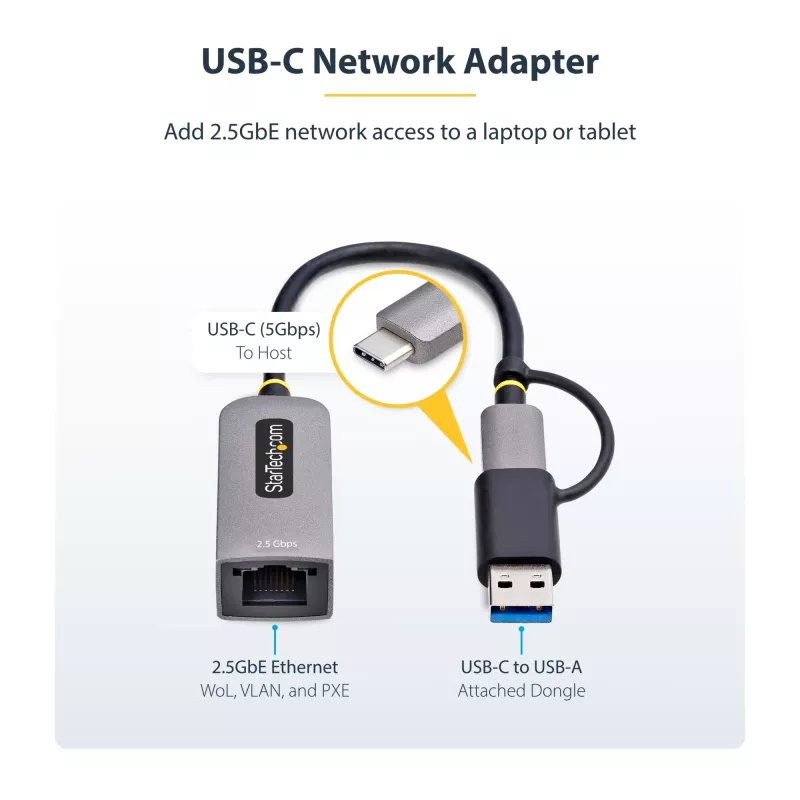 StarTech.com 2,5GbE USB-C uz Ethernet adapteris ar USB-A pārveidotāju, NBASE-T NIC, USB 3.0 Type-C 2,5/1G vairāku ātrumu tīkla, Thunderbolt saderīgs, Windows un Mac