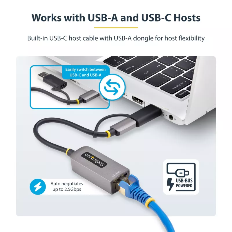 StarTech.com 2,5GbE USB-C uz Ethernet adapteris ar USB-A pārveidotāju, NBASE-T NIC, USB 3.0 Type-C 2,5/1G vairāku ātrumu tīkla, Thunderbolt saderīgs, Windows un Mac