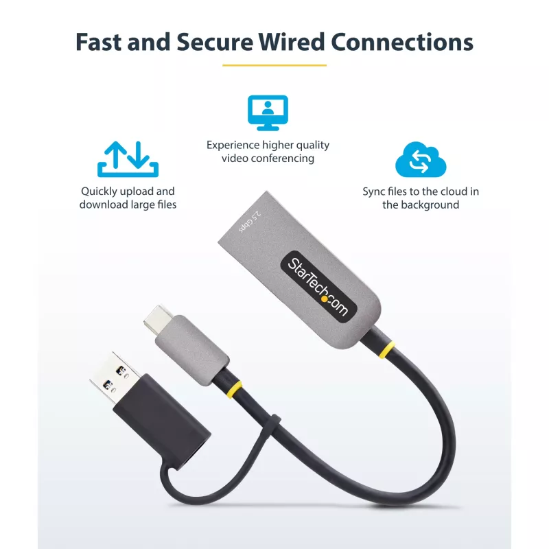 StarTech.com 2,5GbE USB-C uz Ethernet adapteris ar USB-A pārveidotāju, NBASE-T NIC, USB 3.0 Type-C 2,5/1G vairāku ātrumu tīkla, Thunderbolt saderīgs, Windows un Mac
