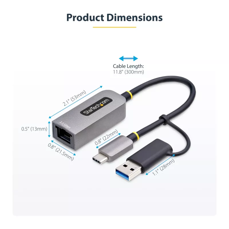 StarTech.com 2,5GbE USB-C uz Ethernet adapteris ar USB-A pārveidotāju, NBASE-T NIC, USB 3.0 Type-C 2,5/1G vairāku ātrumu tīkla, Thunderbolt saderīgs, Windows un Mac